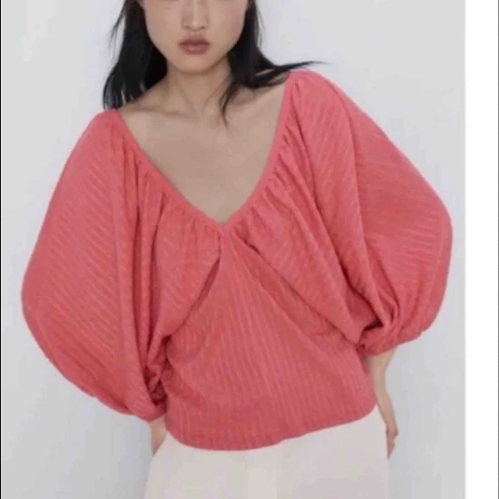 Zara Coral Blouse with Balloon Sleeves